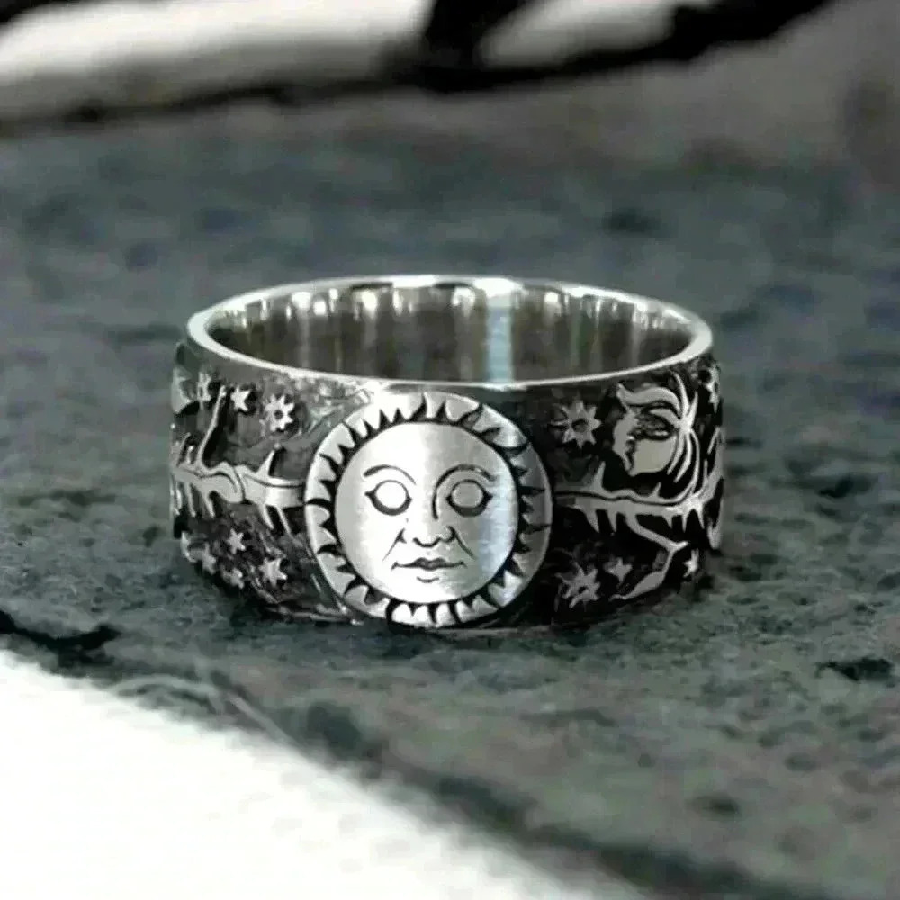 Beautiful Detail 925 Sterling Silver Sun Moon Band Ring